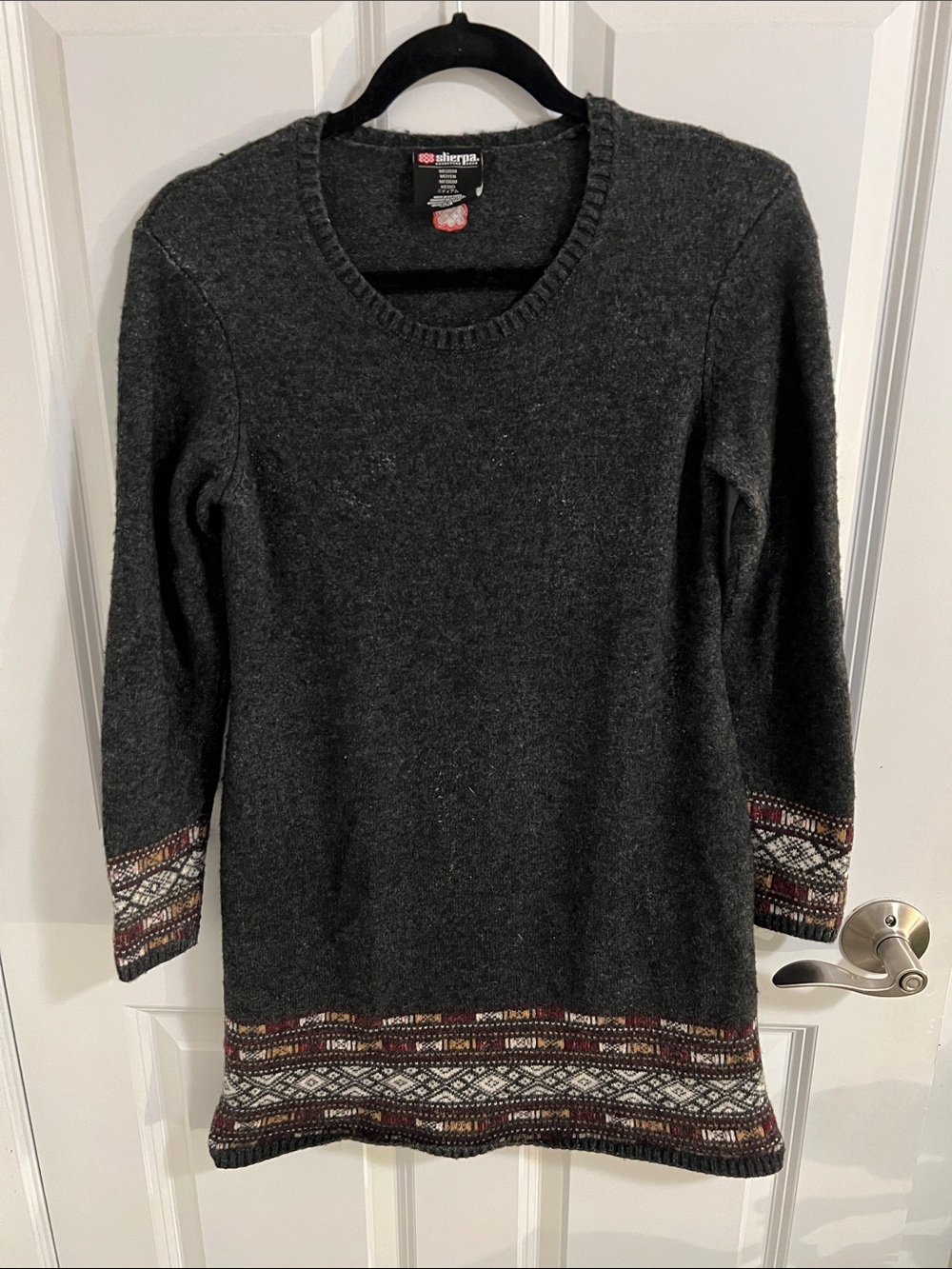 Sherpa Charcoal Crewneck Sweater/dress with Patterned Hem and Cuffs
